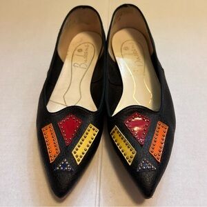 Vintage Buskens Black Leather Studded Geometric Shoes Pointed Toe Small